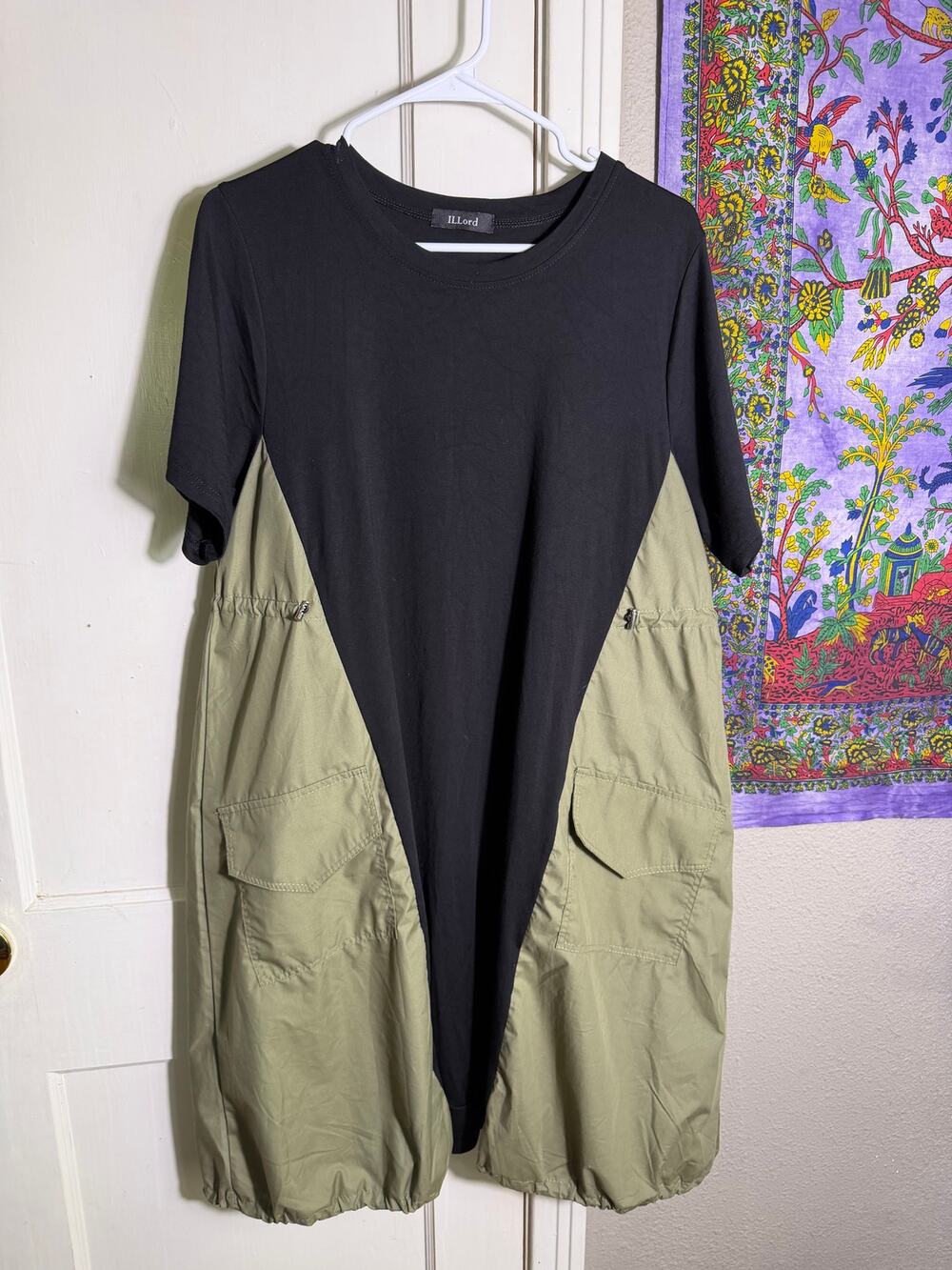 ILLord One Size Black Olive Cargo Dress Utility Oversized Drawstring Pockets